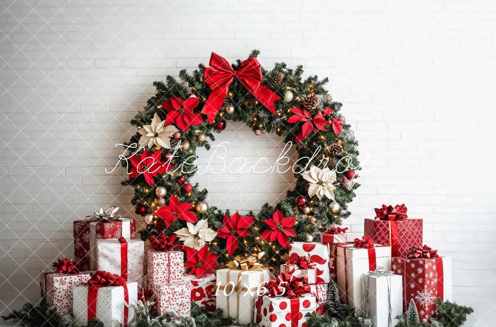 Kate Weihnachten Kranz Geschenke Rot Weiß Hintergrund Entworfen von Patty Roberts - Kate Backdrop.de