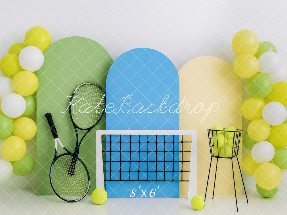 Kate Tennis Schläger Netz Ballons Bunt Hintergrund Entworfen von Patty Roberts - Kate Backdrop.de