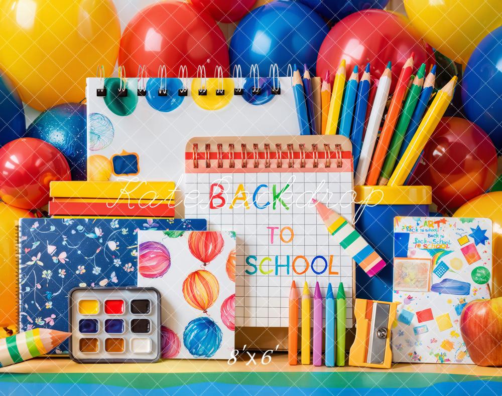 Kate Zurück Zur Schule Schreibwaren Bunte Luftballons Fleece Hintergrund Entworfen von Emetselch - Kate Backdrop.de