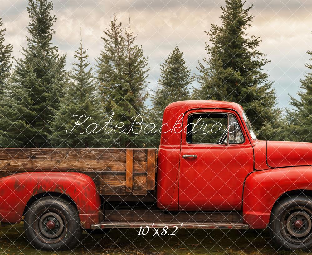 Kate Herbst Roter Pickup Tannenwald Hintergrund Entworfen von Emetselch - Kate Backdrop.de