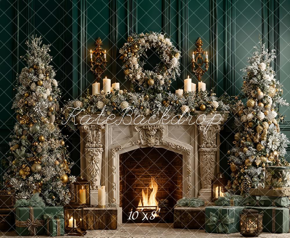 Kate Weihnachten Kamin Weihnachtsbaum Grün Gold Fleece Hintergrund Entworfen von Emetselch - Kate Backdrop.de
