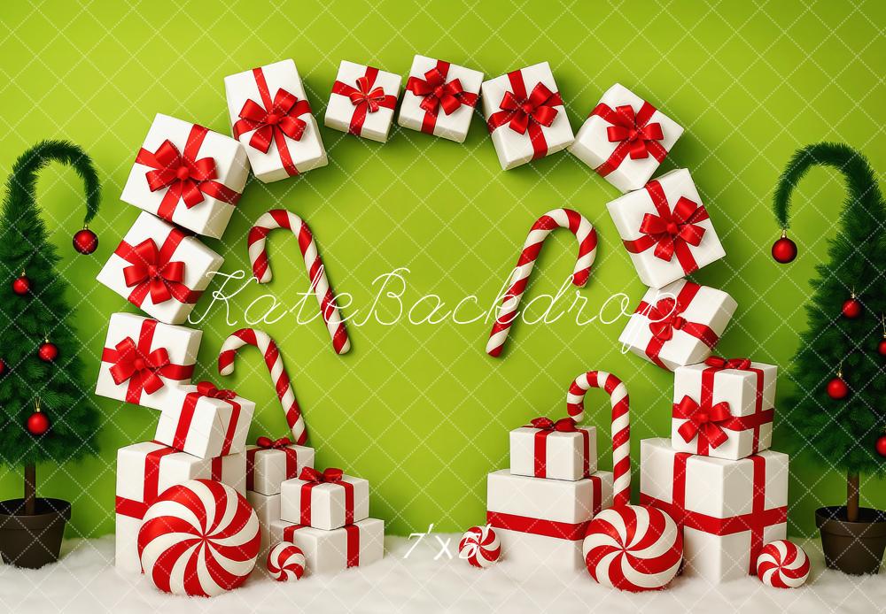 Kate Weihnachten Geschenke Zuckerstangen Grün Hintergrund Entworfen von Patty Roberts - Kate Backdrop.de