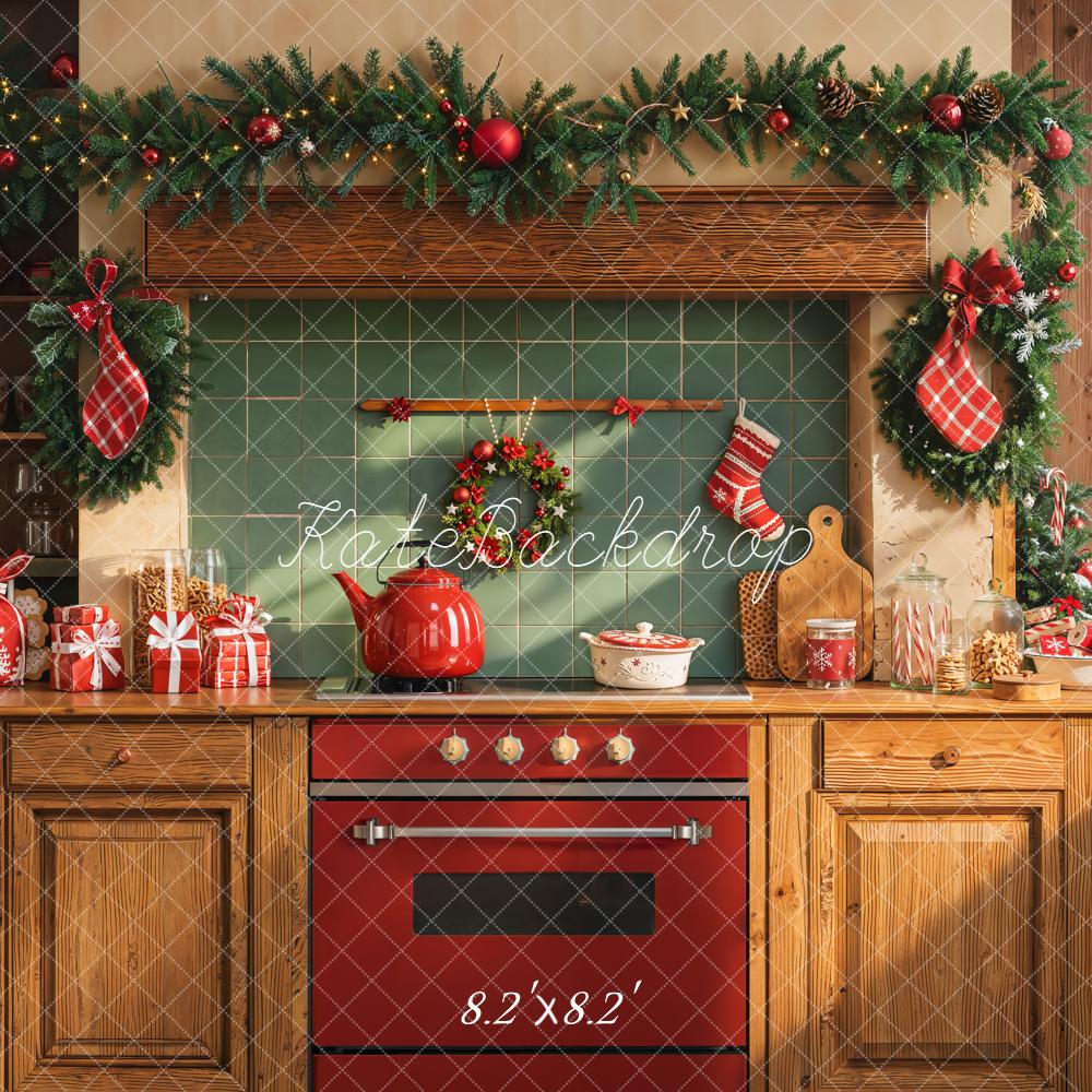 Kate Weihnachten Küche Kranz Rot Hintergrund Entworfen von Emetselch - Kate Backdrop.de