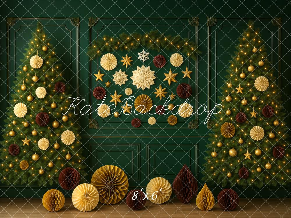 Kate Weihnachten Tannenbäume Gold Dekoration Hintergrund Entworfen von Megan Leigh - Kate Backdrop.de