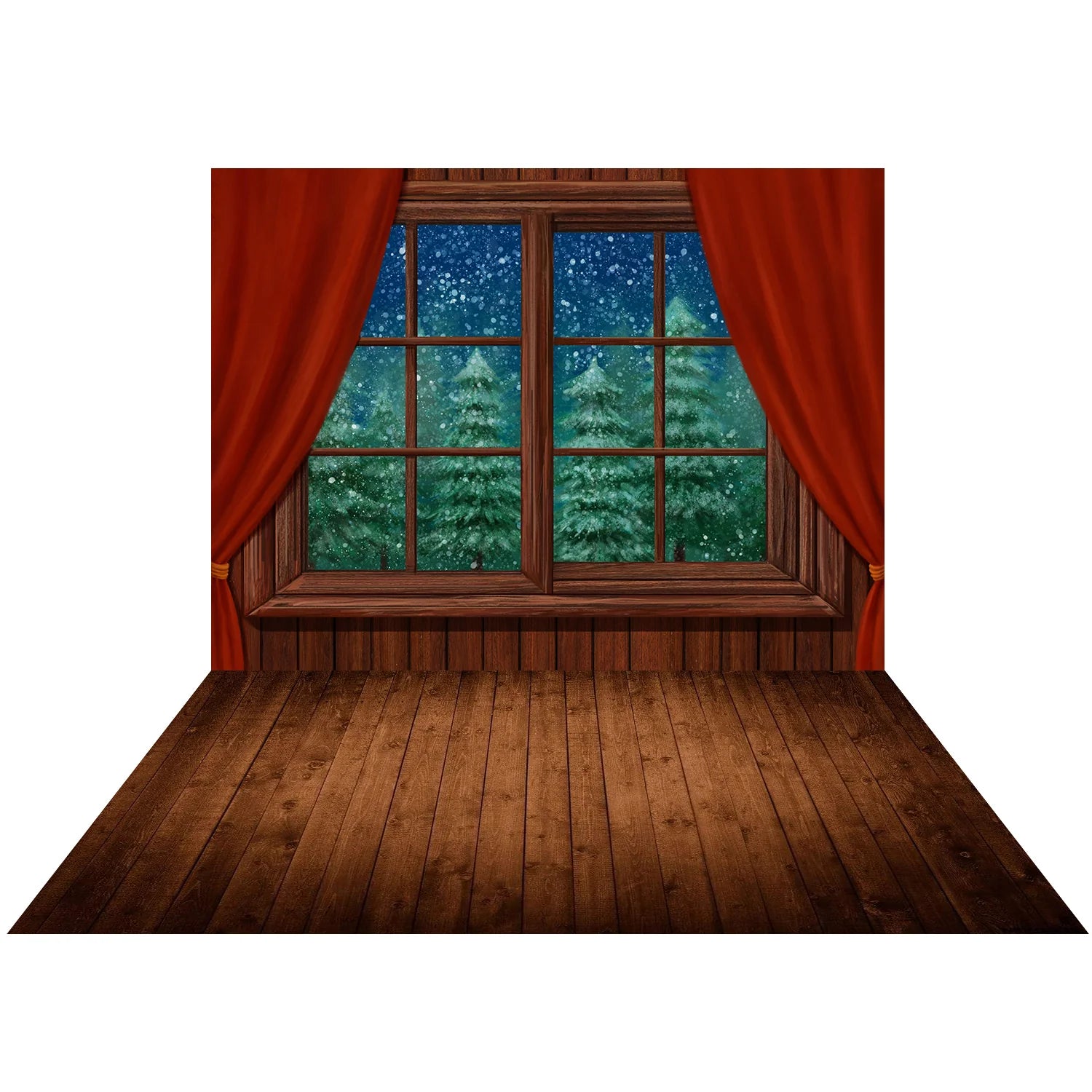 Kate Weihnachten Fenster Schnee Nacht Hintergrund+Braun/Rot Töne Holz Gummi Bodenmatte - Kate Backdrop.de