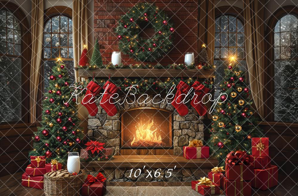 Kate Weihnachten Kaminbaum Geschenke Rot Hintergrund Entworfen von Mini MakeBelieve - Kate Backdrop.de