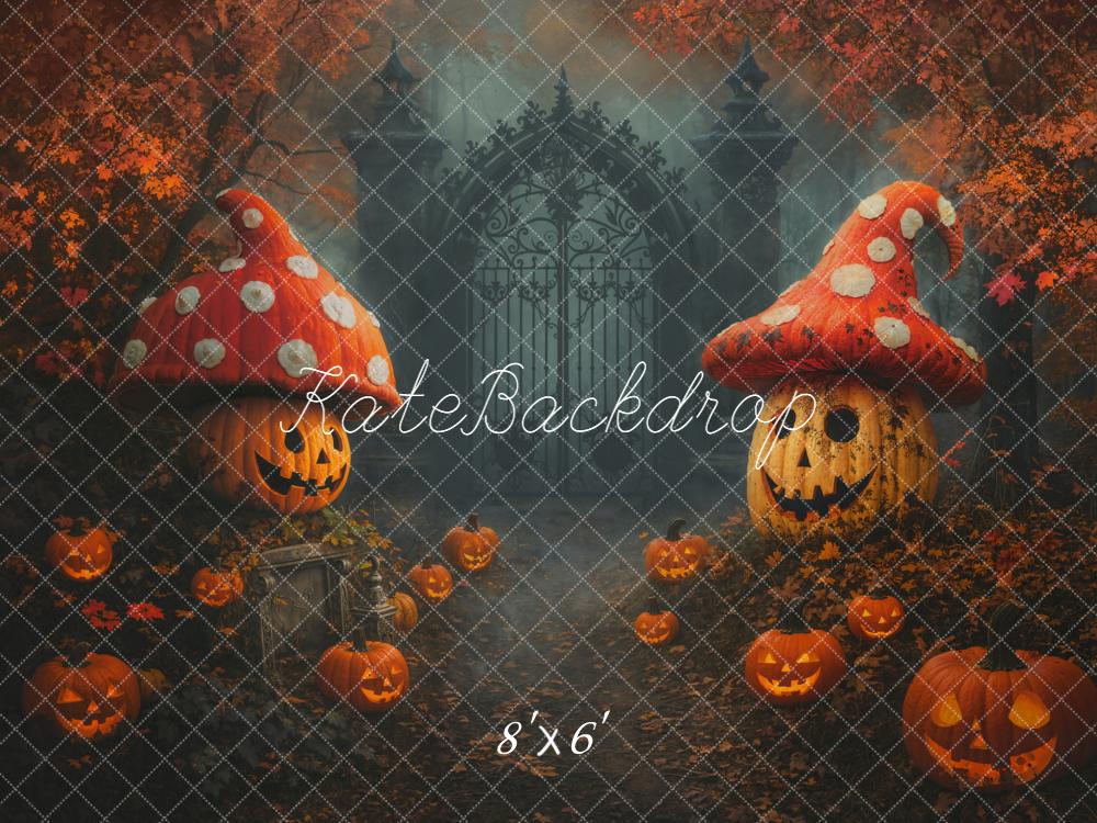 Kate Halloween Kürbis Pilzhäuser Tor Nebel Hintergrund Entworfen von Chain - Kate Backdrop.de