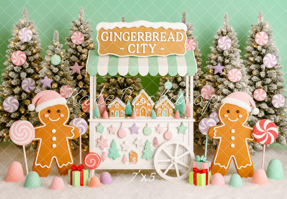 Kate Weihnachten Lebkuchenhaus Tannen Pastell Hintergrund Entworfen von Patty Roberts - Kate Backdrop.de