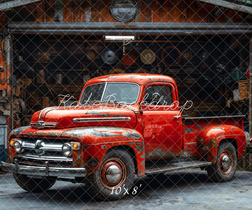Kate Oldtimer Roter Pickup Werkstatt Vintage Hintergrund Entworfen von Emetselch - Kate Backdrop.de