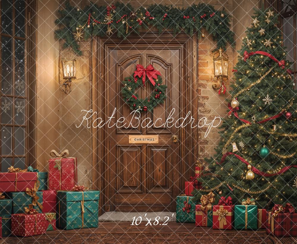 Kate Weihnachten Geschenke Tannenbaum Holztür Hintergrund Entworfen von Emetselch - Kate Backdrop.de