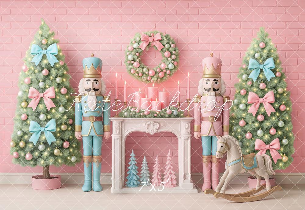 Kate Weihnachten Nussknacker Kamin Pastellrosa Hintergrund Entworfen von Ashley Paul - Kate Backdrop.de