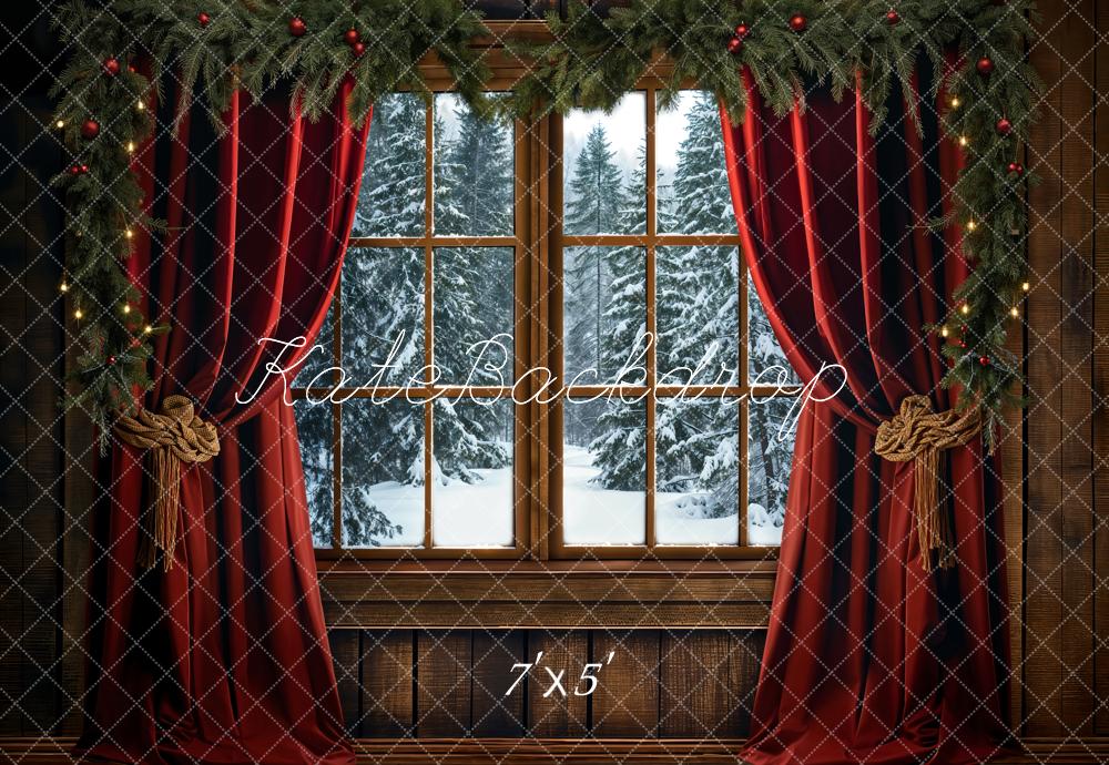 Kate Weihnachten Fenster Rote Vorhänge Holz Hintergrund Entworfen von Emetselch - Kate Backdrop.de
