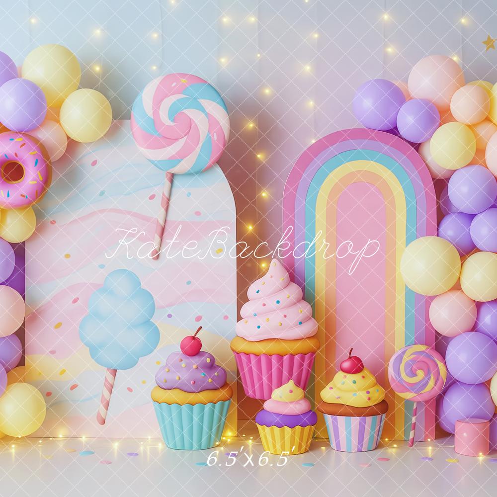 Kate Geburtstag Luftballons Donuts Cupcakes Pastell Hintergrund Entworfen von Patty Roberts - Kate Backdrop.de