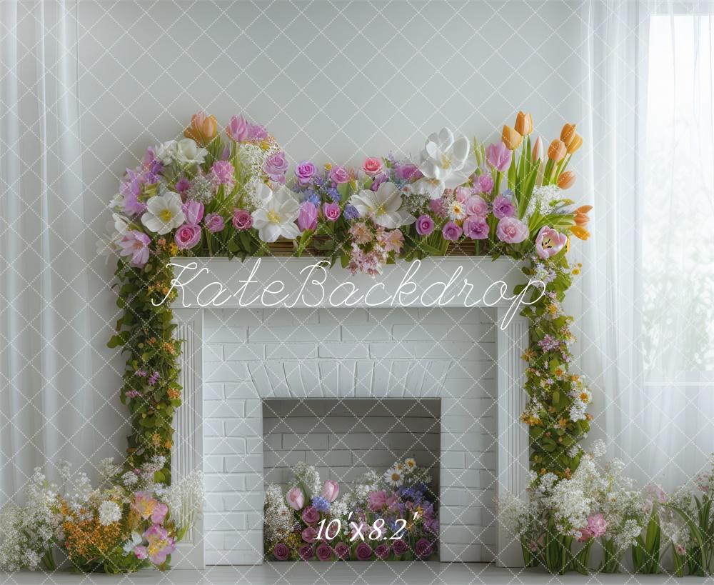 Kate Frühling Blumen Kamin Weiß Hintergrund Entworfen von Mini MakeBelieve - Kate Backdrop.de