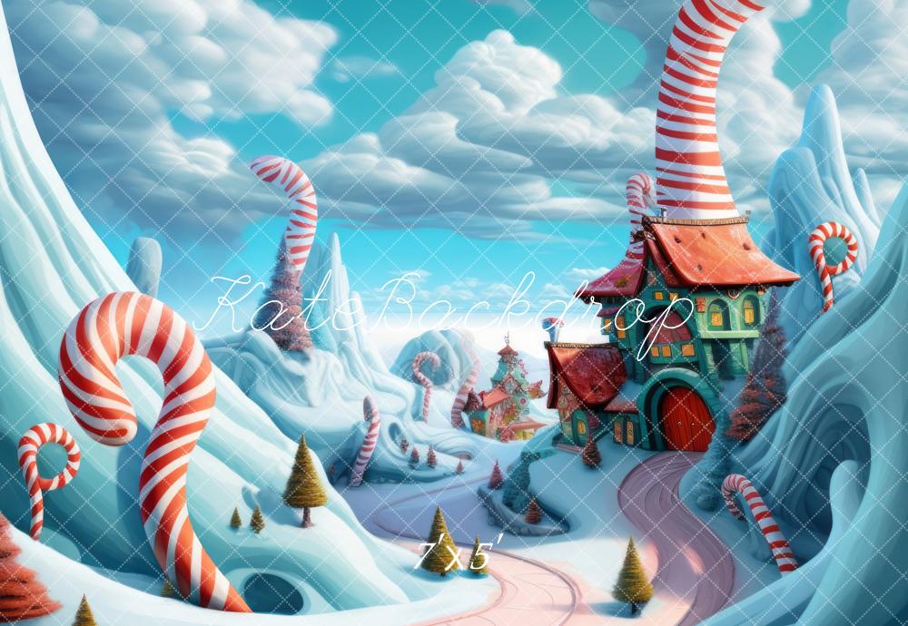 Kate Weihnachten Zuckerstangenhaus Winter Cartoon Hintergrund Entworfen von Megan Leigh - Kate Backdrop.de