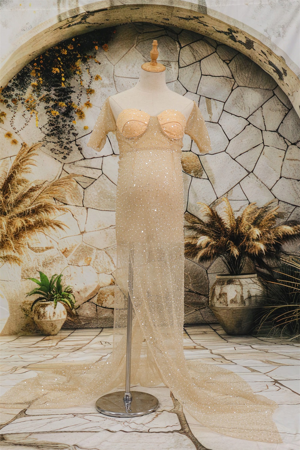 Kate Bead Embroidered Mesh Split Ends Trailing Maternity Photoshoot Dress - Kate Backdrop.de