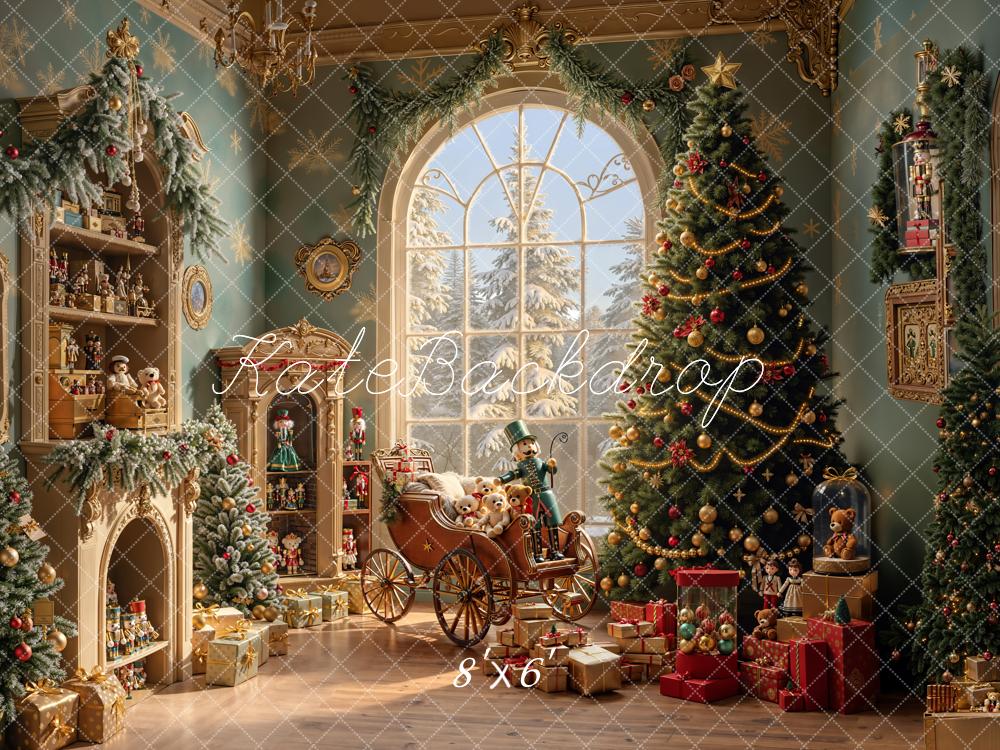 Kate Weihnachten Wohnzimmer Kamin Baum Gold Fleece Hintergrund Entworfen von Emetselch - Kate Backdrop.de