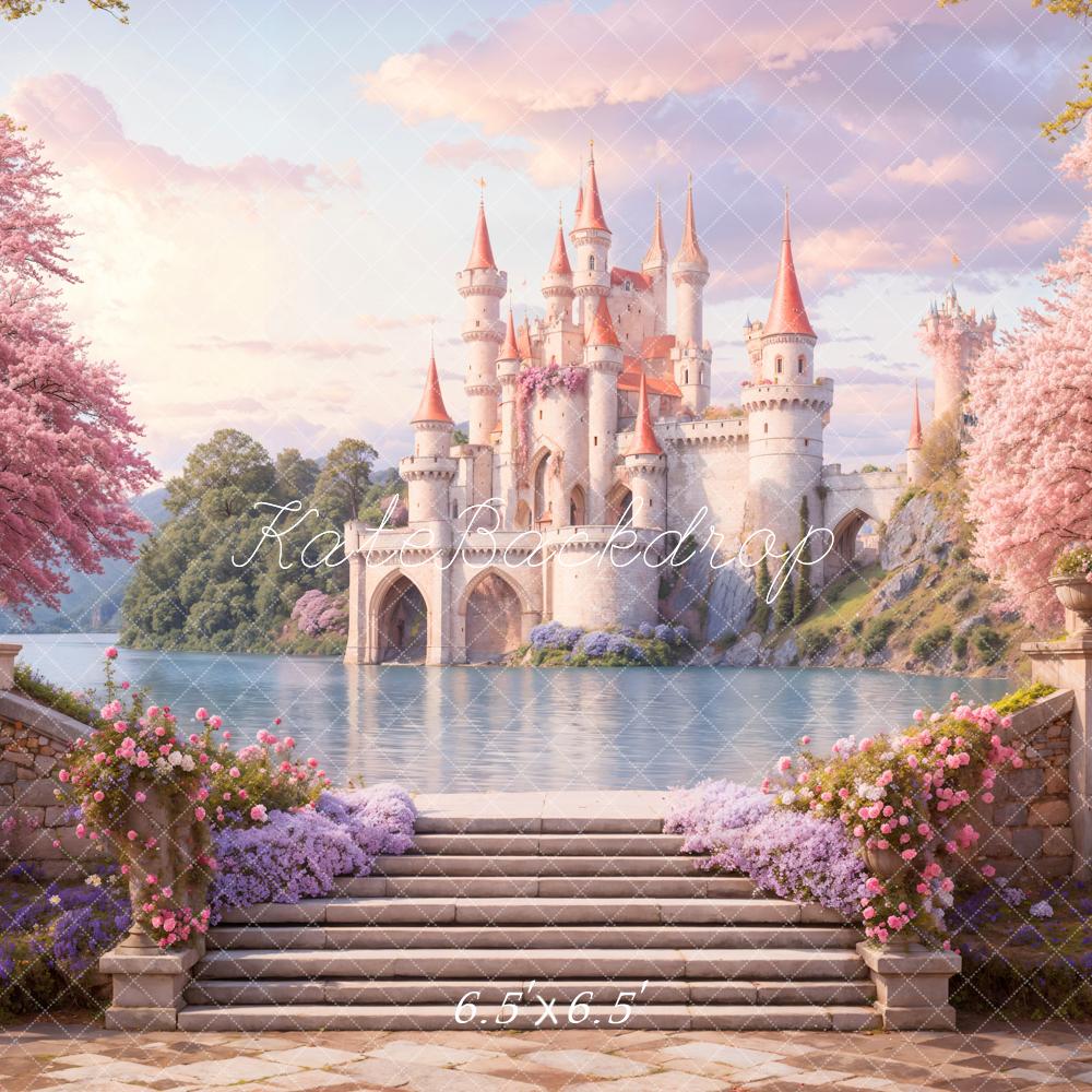 Kate Fantasy Schloss See Rosa Blüten Hintergrund Entworfen von Emetselch - Kate Backdrop.de