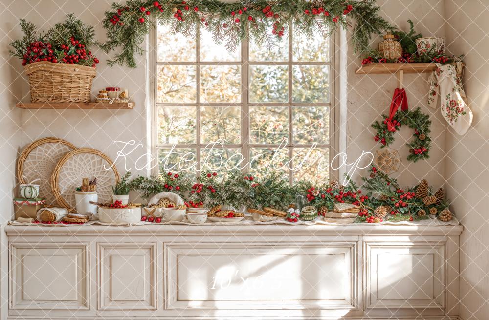 Kate Weihnachten Fenster Tannenzweige Rustikal Fleece Hintergrund Entworfen von Emetselch