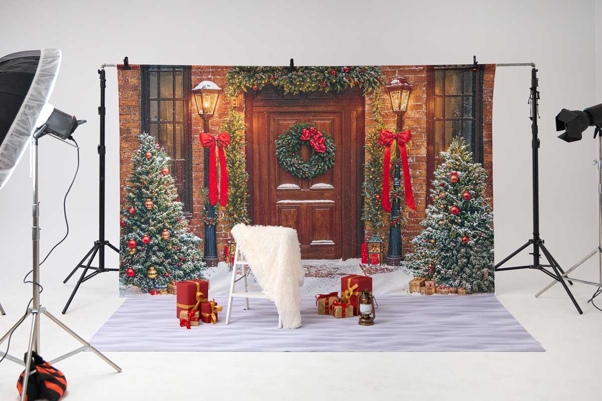Kate Winter-Weihnachten Baum Rot Front Holztür Kranz Foto Kit - Kate Backdrop.de
