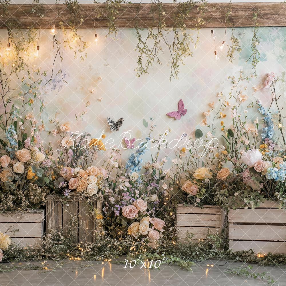 Kate Frühling Blumen Holzkisten Pastell Hintergrund Entworfen von Patty Roberts - Kate Backdrop.de