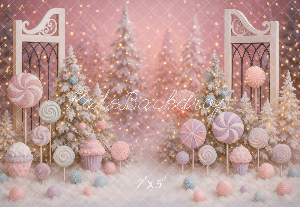 Kate Weihnachten Süßigkeiten Tannen Rosa Hintergrund Entworfen von Ashley Paul - Kate Backdrop.de