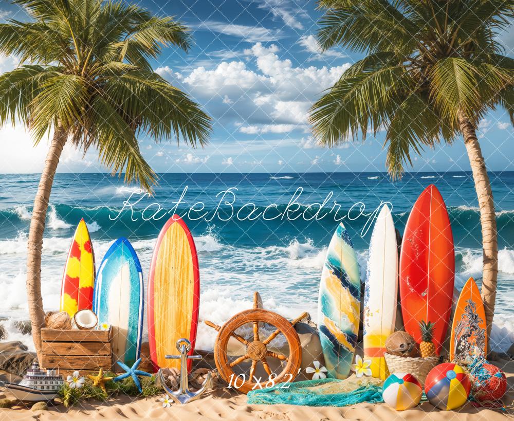 Kate Sommer Surfbretter Palmen Meer Bunt Hintergrund Entworfen von Emetselch - Kate Backdrop.de