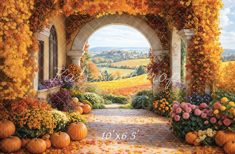 Kate Herbst Kürbisse Blumenbogen Landschaft Fleece Hintergrund Entworfen von Emetselch - Kate Backdrop.de