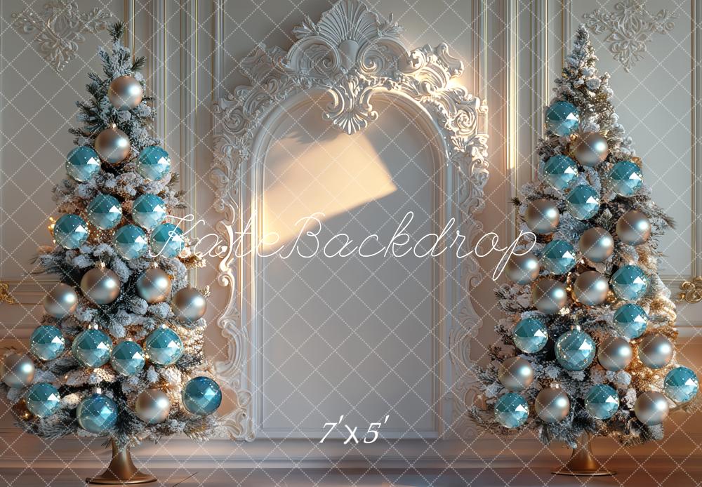 Kate Weihnachten Tannenbäume Blaue Kugeln Elegant Hintergrund Entworfen von Mini MakeBelieve - Kate Backdrop.de