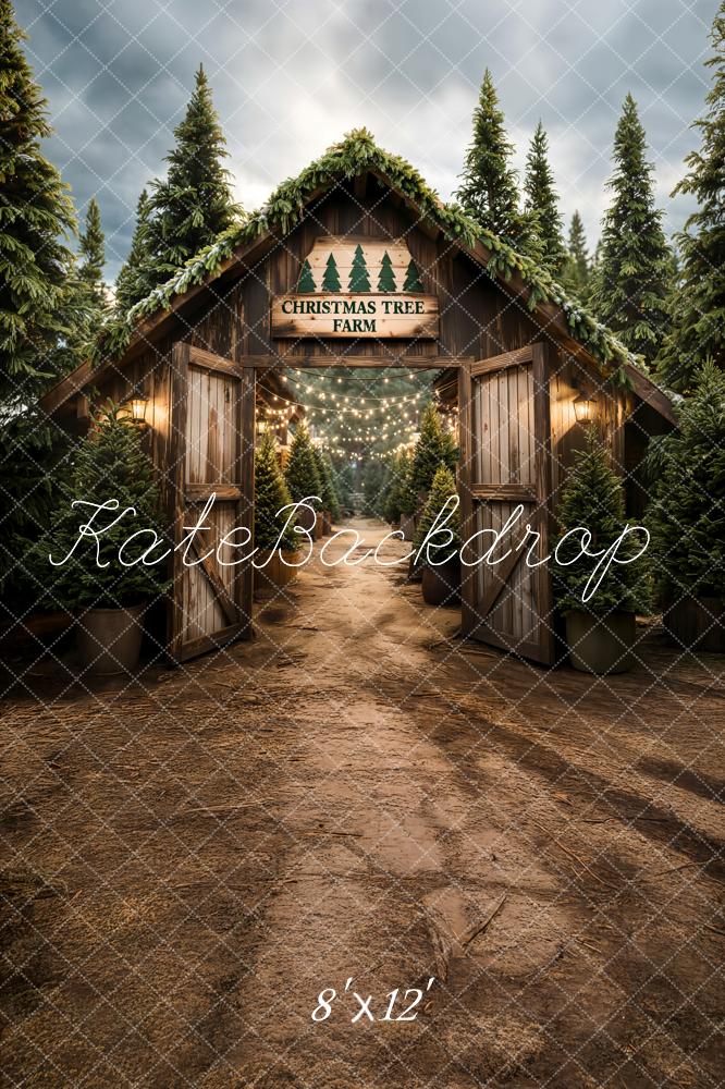 Kate Weihnachten Tannenbäume Holzhütte Braun Fleece Hintergrund Entworfen von Emetselch - Kate Backdrop.de
