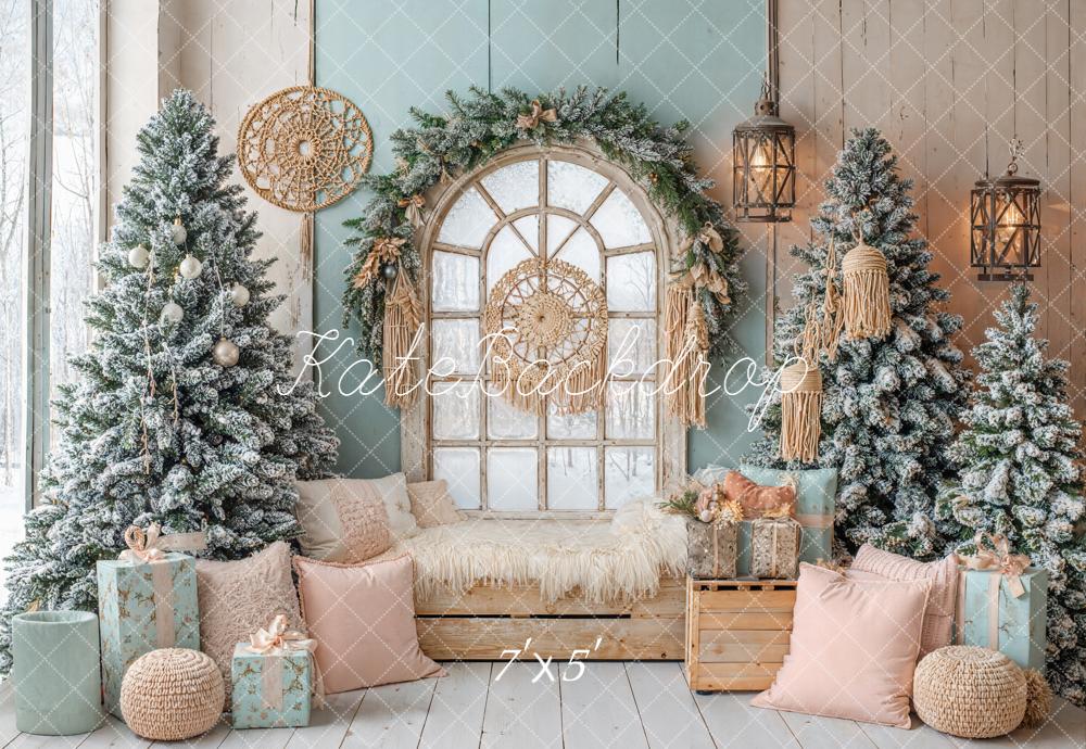 Kate Weihnachten Fenster Schneebäume Pastell Hintergrund Entworfen von Emetselch - Kate Backdrop.de