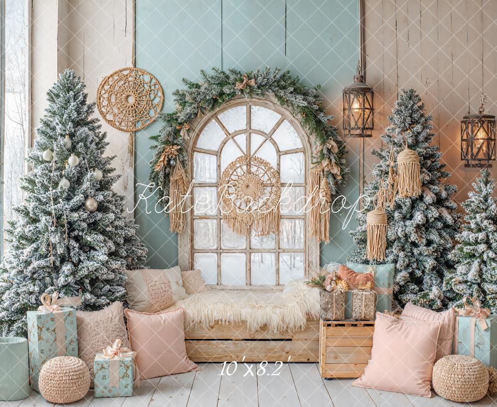 Kate Weihnachten Fenster Schneebäume Pastell Hintergrund Entworfen von Emetselch - Kate Backdrop.de