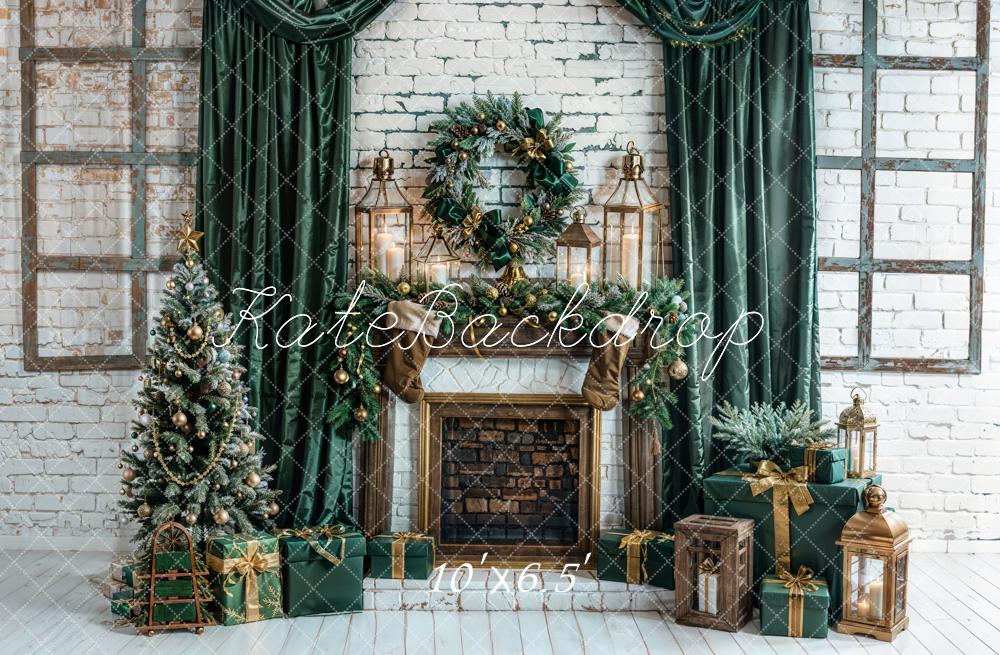 Kate Weihnachten Kamin Weihnachtsbaum Geschenke Grün Hintergrund Entworfen von Emetselch