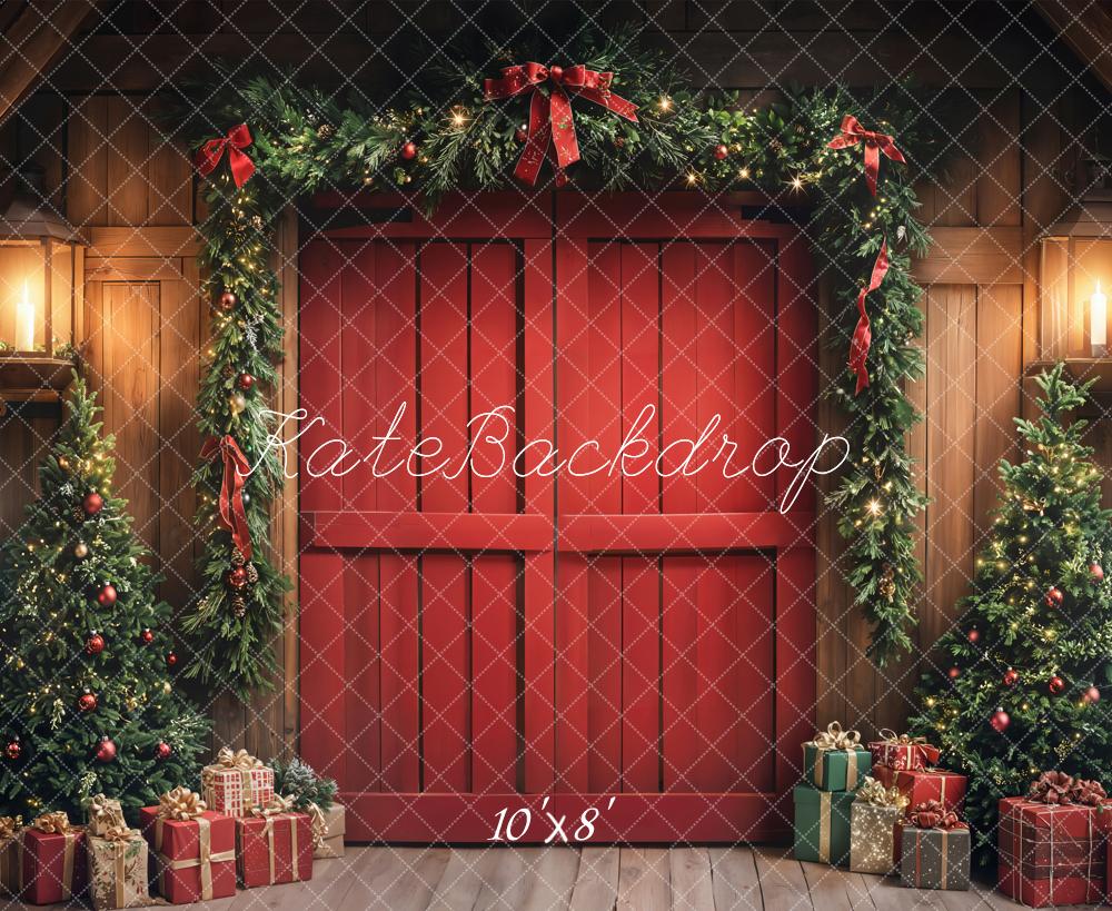 Kate Weihnachten Rote Tür Girlande Holz Fleece Hintergrund Entworfen von Emetselch - Kate Backdrop.de