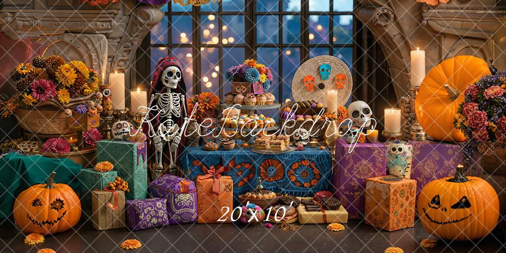 Kate Halloween Día De Los Muertos Kürbis Skelett Bunt Hintergrund Entworfen von Emetselch - Kate Backdrop.de