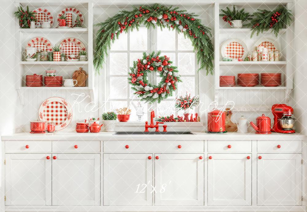 Kate Weihnachten Küche Girlande Rot Weiß Fleece Hintergrund Entworfen von Emetselch - Kate Backdrop.de