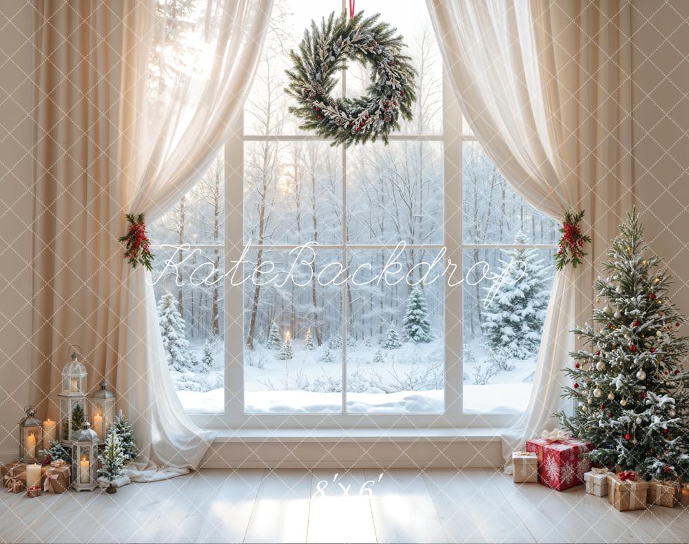 Kate Weihnachten Fenster Weihnachtsbaum Winterwald Fleece Hintergrund Entworfen von Emetselch