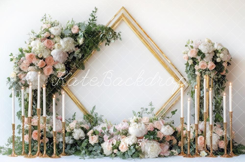 Kate Hochzeit Blumen Kerzen Goldrahmen Hintergrund Entworfen von Mini MakeBelieve - Kate Backdrop.de
