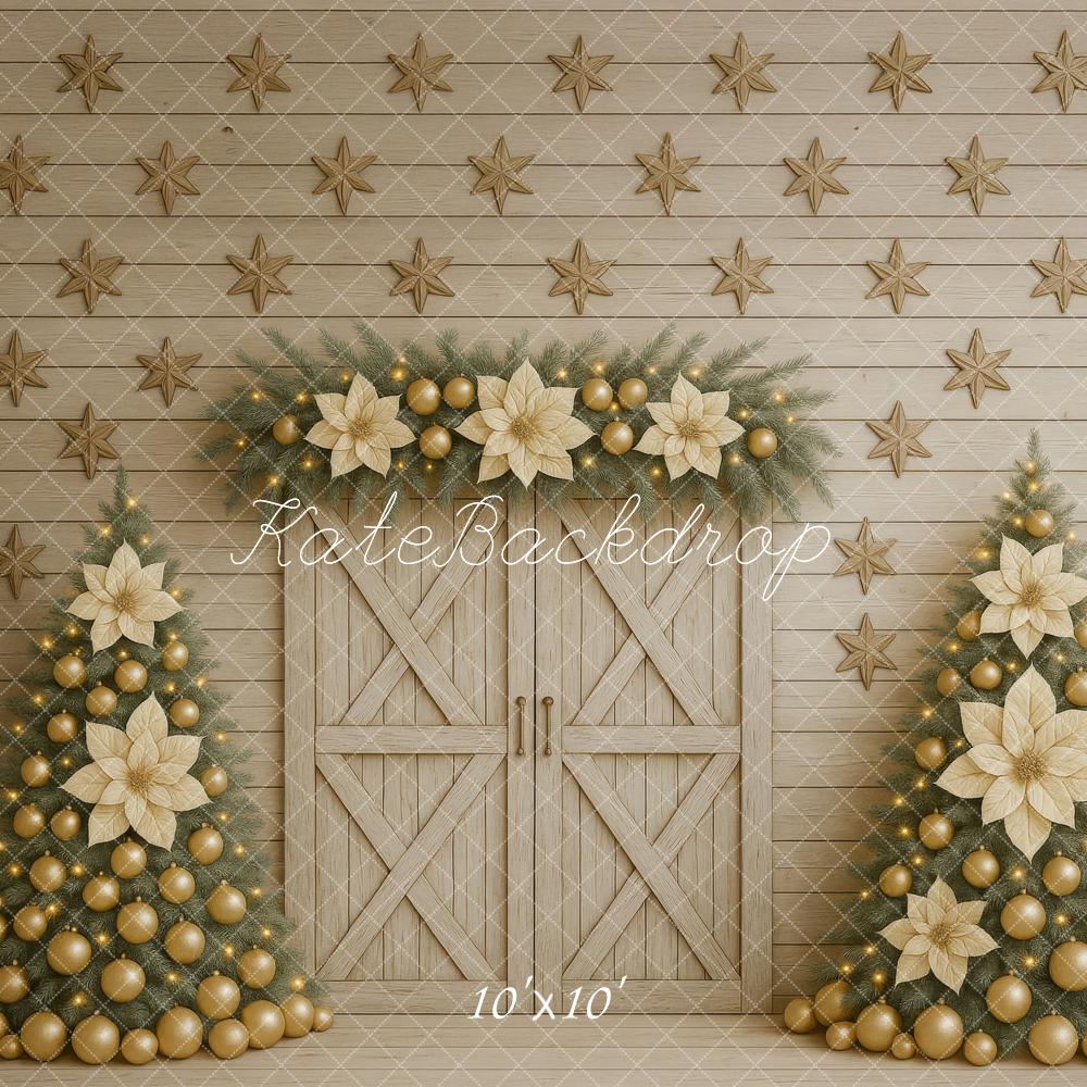 Kate Weihnachten Tannenbäume Gold Beige Hintergrund Entworfen von Megan Leigh - Kate Backdrop.de