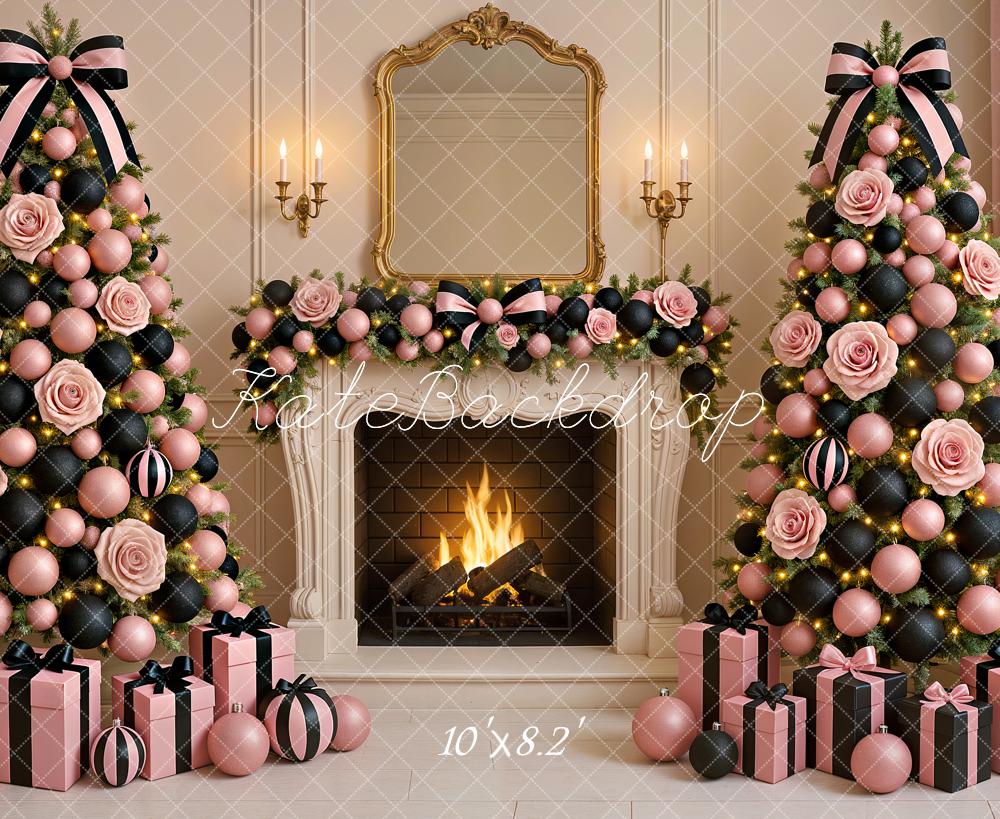 Kate Weihnachten Christbaum Kamin Rosa Hintergrund Entworfen von Ashley Paul - Kate Backdrop.de