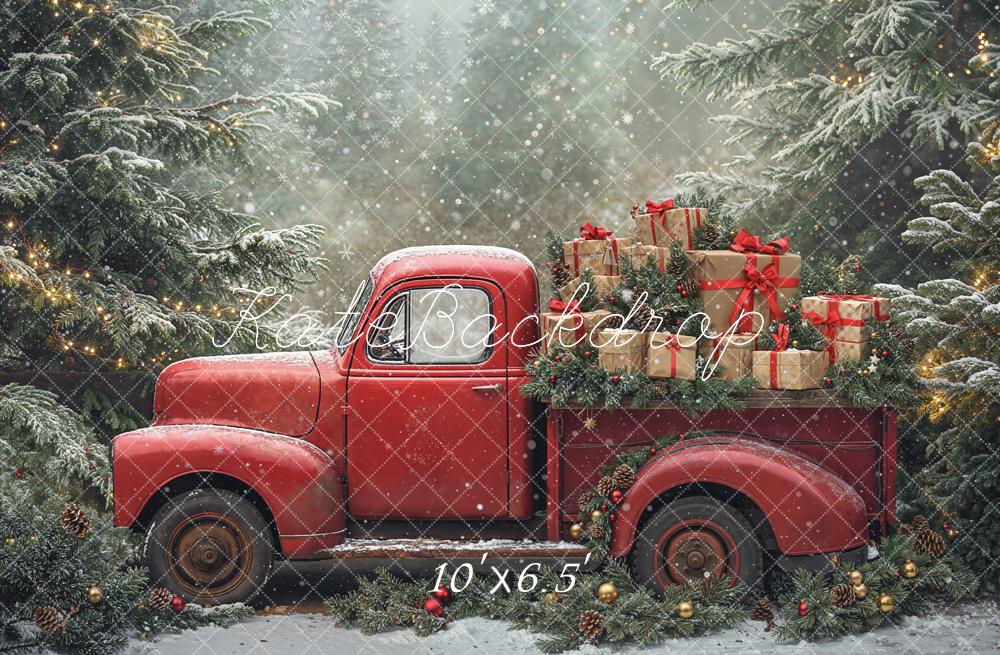 Kate Weihnachten Roter Truck Geschenke Tannenwald Fleece Hintergrund Entworfen von Emetselch - Kate Backdrop.de