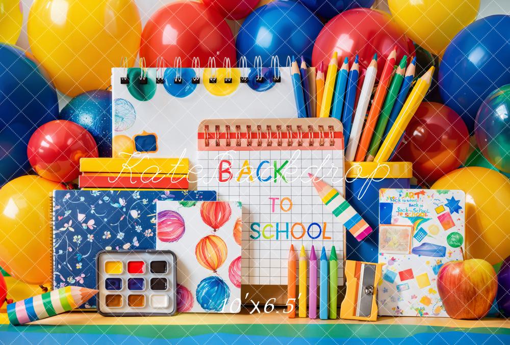 Kate Zurück Zur Schule Schreibwaren Bunte Luftballons Fleece Hintergrund Entworfen von Emetselch - Kate Backdrop.de