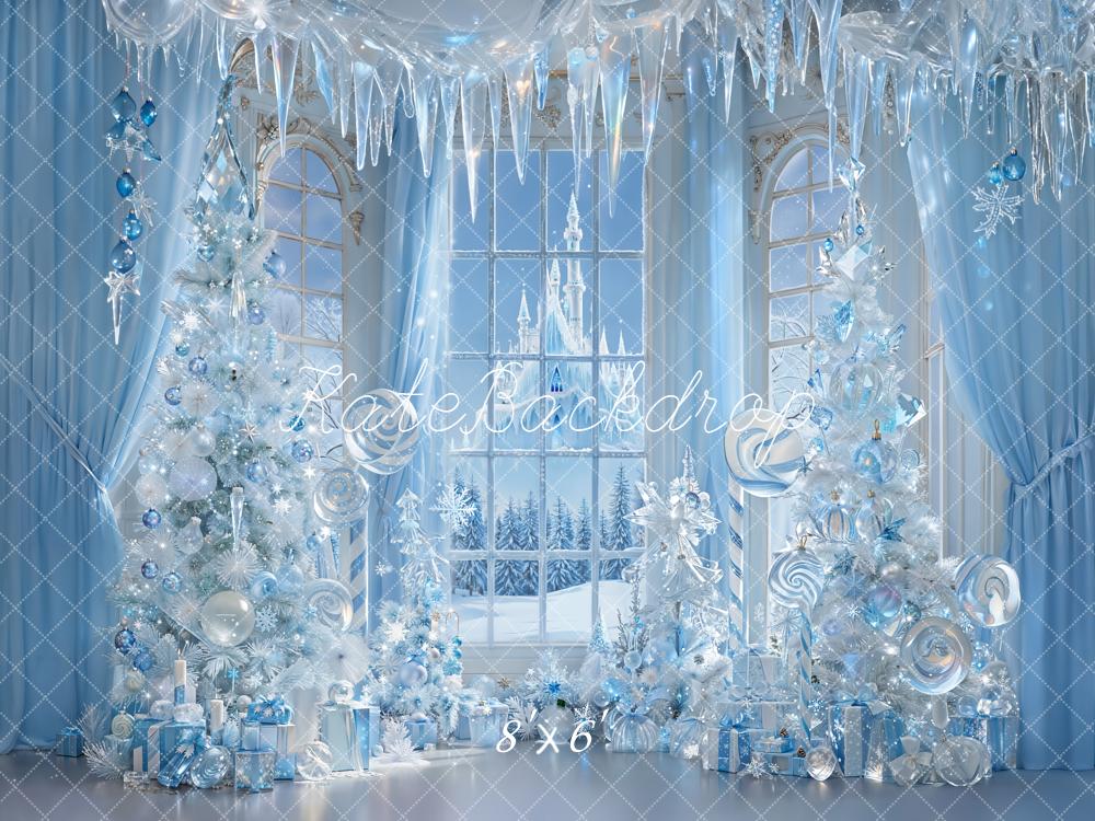Kate Weihnachten Schloss Eiszapfen Blau Fleece Hintergrund Entworfen von Emetselch - Kate Backdrop.de
