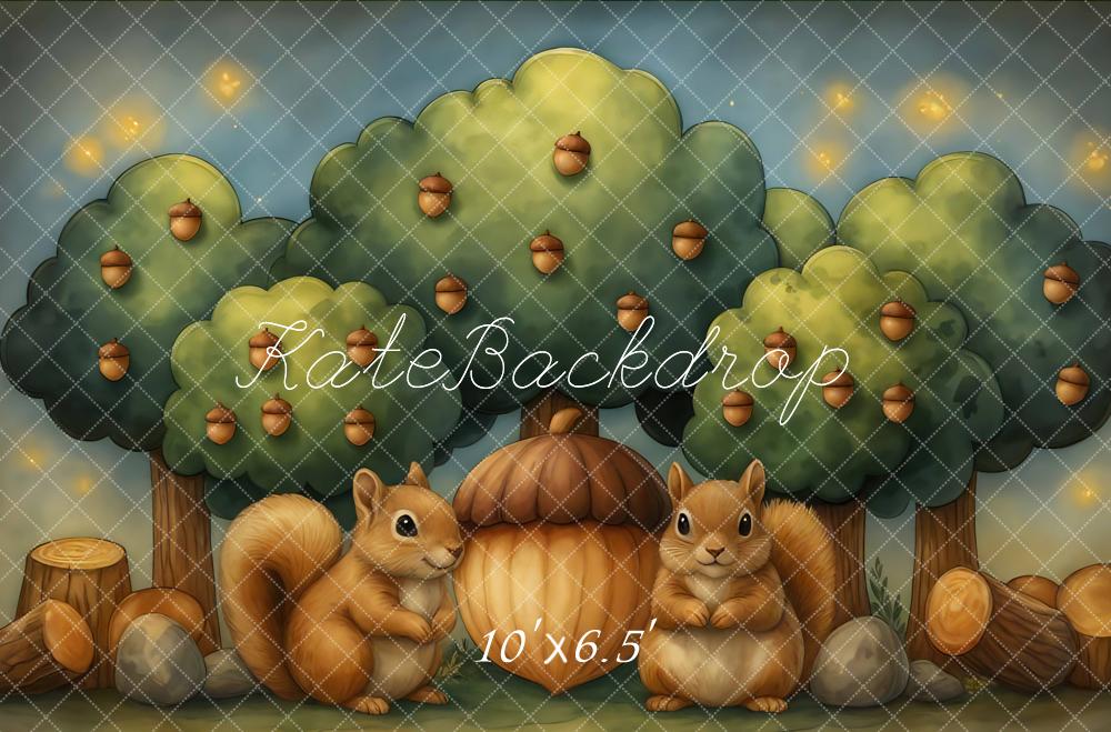 Kate Herbst Eichhörnchen Eichen Bäume Cartoon Hintergrund Entworfen von Mini MakeBelieve - Kate Backdrop.de