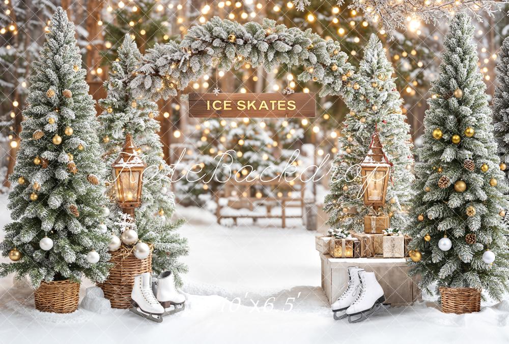 Kate Weihnachten Schnee Tannen Schlittschuhe Fleece Hintergrund Entworfen von Emetselch - Kate Backdrop.de