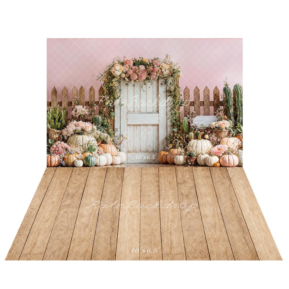 Kate Herbst Tür Kürbisse Blumen Pastell Hintergrund Hintergrund+Hellbrauner Holz Boden Hintergrund Boden Hintergrund