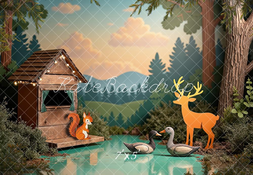 Kate Wald Holzhaus Tiere Illustrativ Hintergrund Entworfen von Laura Bybee