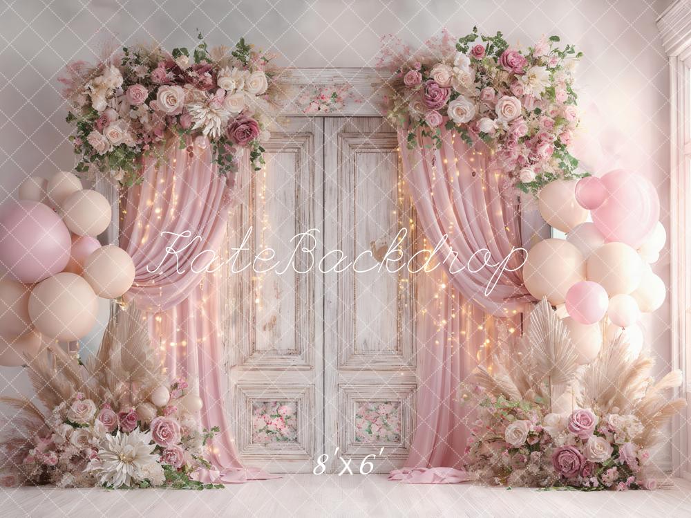 Kate Hochzeit Vintage Tür Blumen Ballons Rosa Hintergrund Entworfen von Ashley Paul