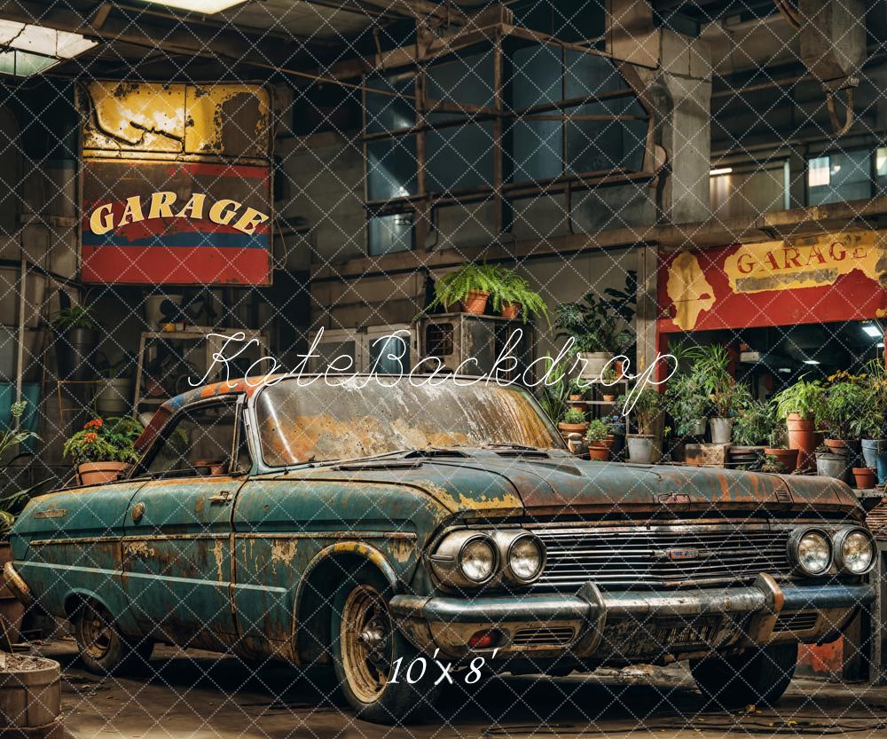 Kate Garage Oldtimer Pflanzen Vintage Hintergrund Entworfen von Emetselch - Kate Backdrop.de