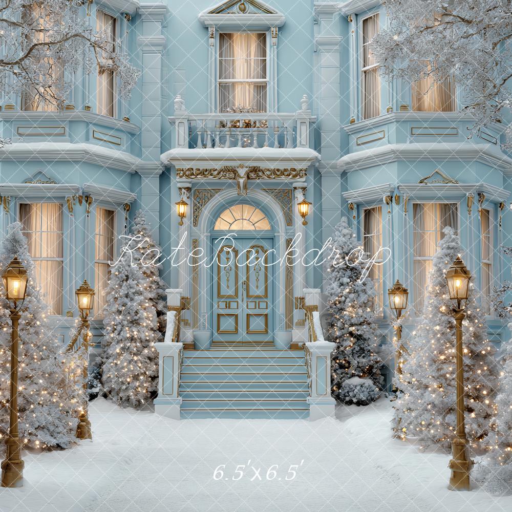 Kate Weihnachten Winterhaus Schnee Blau Hintergrund Entworfen von Ashley Paul